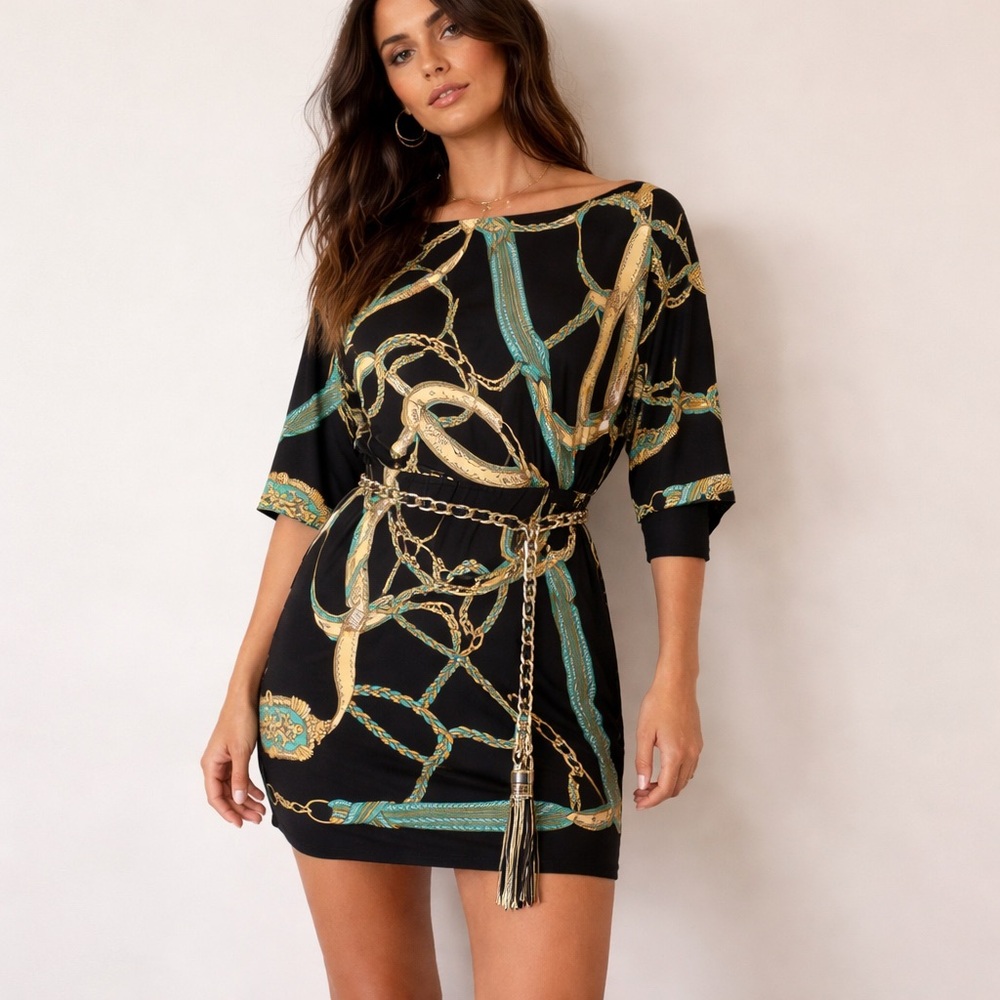 ✨Y2K Cache Dress with Green and Gold Chain Print Size M - Picture 6 of 13